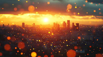 Orange glowing lights illuminate a city skyline at sunset. Perfect for backgrounds, technology, abstract concepts, urban landscapes, or futuristic themes. Generated AI