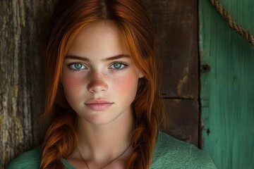 Fototapeta premium Young girl with red hair and blue eyes in a rustic setting