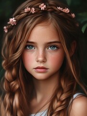 Fototapeta premium Young girl with flower crown and braided hair in lush garden setting