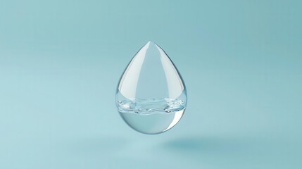 Fototapeta premium 3D illustration of A clear water droplet suspended in the air against a soft blue background, showcasing purity and freshness.
