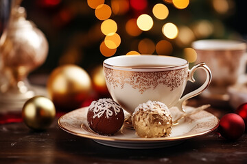 Fototapeta premium cup of hot chocolate with Christmas ornament, holiday atmosphere.