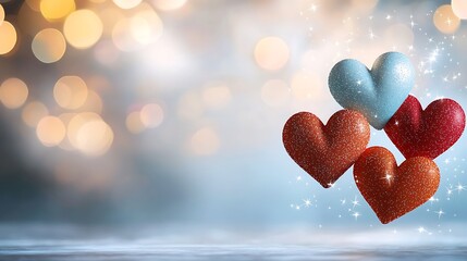 Obraz premium A vibrant and captivating image of colorful heart shapes floating against a blurry bokeh background, creating a romantic and festive atmosphere perfect for Valentine's Day celebrations.