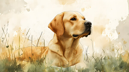 A serene watercolor illustration of a Labrador Retriever lying in a meadow, with soft, diffused edges and gentle splashes of green and yellow blending into the background.