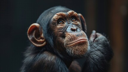 Naklejka premium A close-up of a thoughtful chimpanzee, showcasing its expressive features and curiosity.