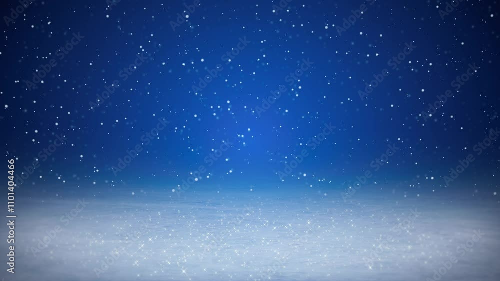 Poster video animation of falling snow and an icy, sparkling floor on a blue background - seamless loop - c