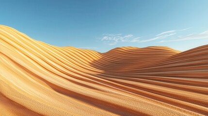 3D illustration of Waves of golden sand dunes under a clear blue sky, showcasing the beauty of a desert landscape.