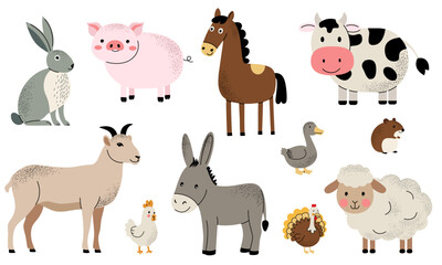 Fototapeta premium Cute farm animals set. Goat, pig, horse, donkey, cow, ship. Flat set of home animals