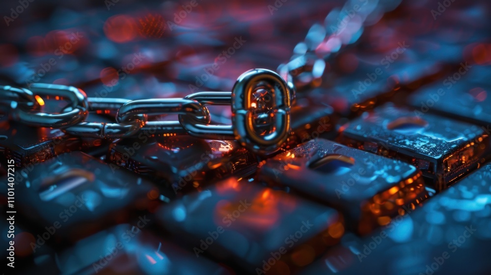 Aufkleber a close-up of a chain and padlock resting on a keyboard, symbolizing cybersecurity.