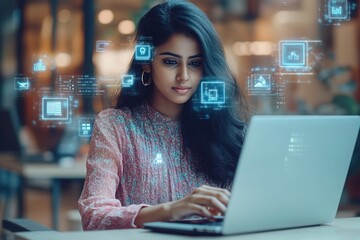 Smart Indian woman using futuristic interface at work