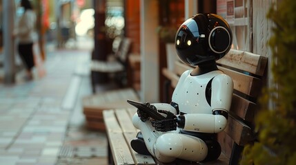 Fototapeta premium A humanoid robot sitting on a bench, engaged with a tablet in an urban setting.