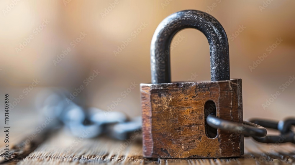 Poster a close-up of a rusty padlock attached to a chain on a wooden surface.