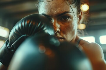 Female athlete training in a boxing gym, engaging in combat sports and fitness exercises with a coach and personal trainer, showcasing strength and determination