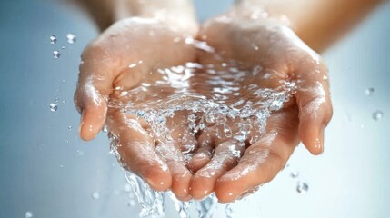 Fototapeta premium hands gently cupping clear water with droplets falling, against a simple natural background