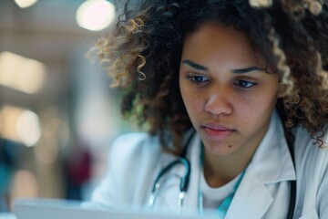 Student studying medicine with technology, focusing on research, education, wellness, and practical experience in healthcare