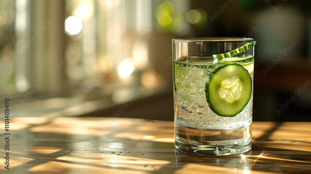 Poster a refreshing drink with cucumber slice in a glass, illuminated by soft sunlight.