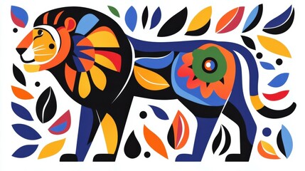 Obraz premium Vibrant lion folk art with floral patterns and bold colors