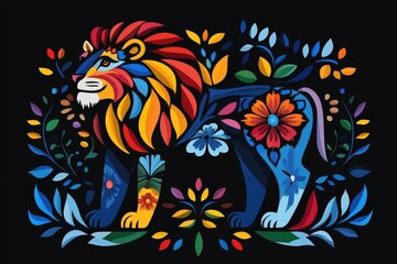 Obraz premium Colorful lion folk art surrounded by vibrant floral patterns