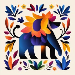 Naklejka premium Vibrant lion folk art featuring floral motifs and bold colors