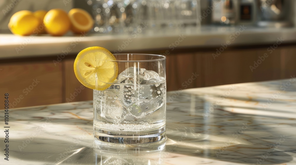 Poster a refreshing drink with a lemon slice on a marble countertop, evoking relaxation and enjoyment.