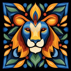 Vibrant lion folk art showcasing bold colors and intricate patterns
