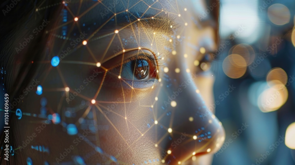 Poster a close-up of a person's eye with digital overlays representing data and technology.