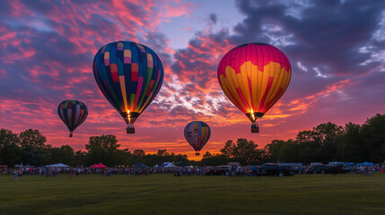 Majestic hot air balloons floating in a vibrant sunrise sky, creating a serene and colorful view.