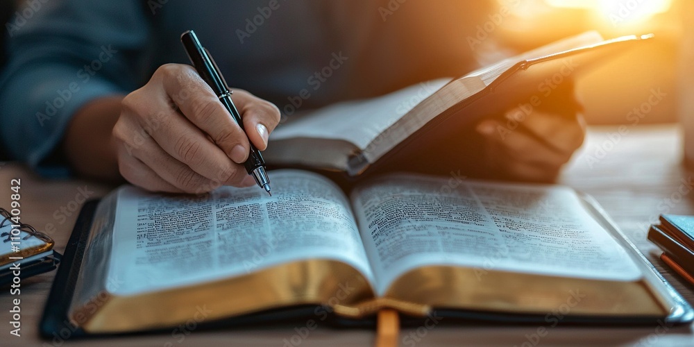 Poster an open book being flipped through, accompanied by an open notebook and a pen with some writing on i