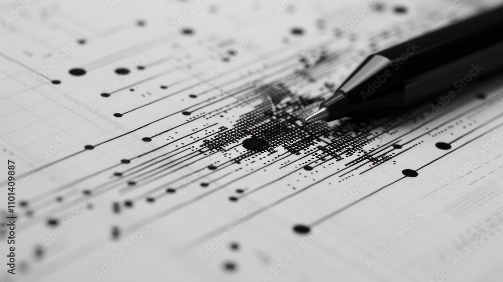 Poster a close-up of a pen creating abstract patterns on a technical drawing.
