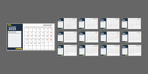 2025 calendar template. Corporate, business, school calendar design with space for note and planning every month, 2025 calendar creative design vector set