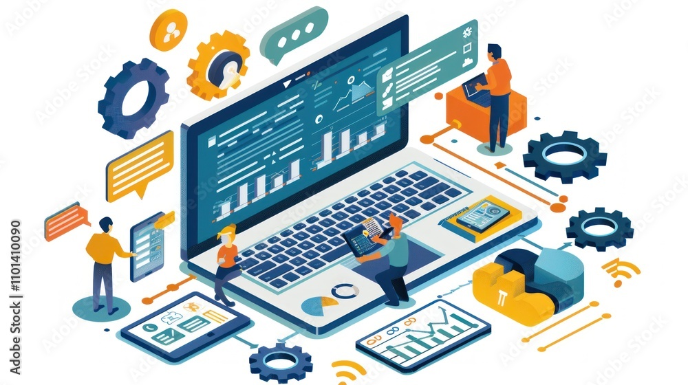 Aufkleber digital workspace illustration showcasing data analysis and teamwork.