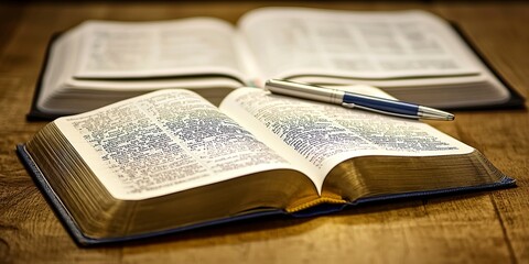 Obraz premium An open book being flipped through, accompanied by an open notebook and a pen with some writing on it