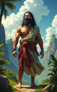 Agastya rishi standing proudly in tropical mountain landscape