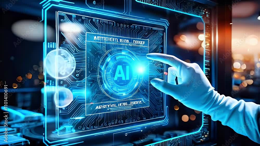Aufkleber a futuristic interface showcasing ai technology with a hand interacting with a screen.