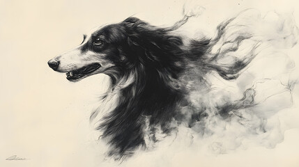 A stylized ink and wash painting of an Afghan Hound, showcasing its long, flowing hair with elegant, sweeping strokes and minimalist accents in the background.