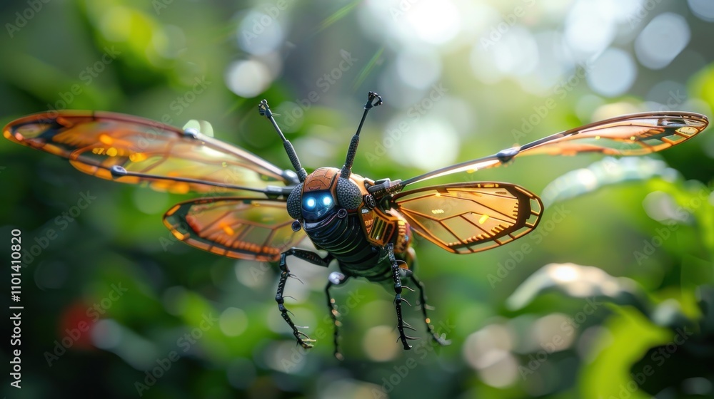 Poster a futuristic robotic insect with glowing features hovering amidst lush greenery.