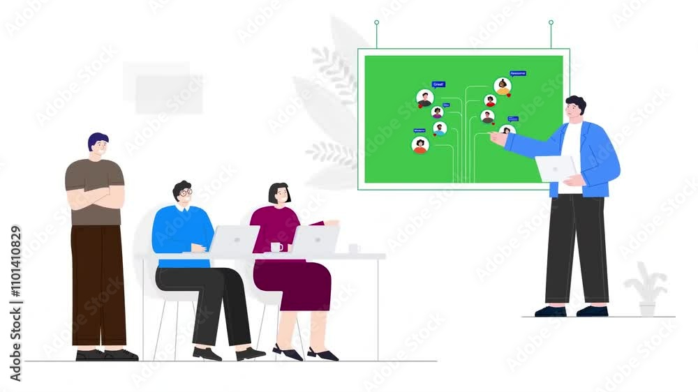 Poster animated software development team. programmers. looped flat 2d characters hd video footage. colorfu