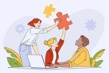 Teamwork Working Together to Success, Cooperation or Team Building Collaborate to Solve Problem, Partnership, Help and Support, Business People Colleagues Help Work Together to Connect Jigsaw Puzzle
