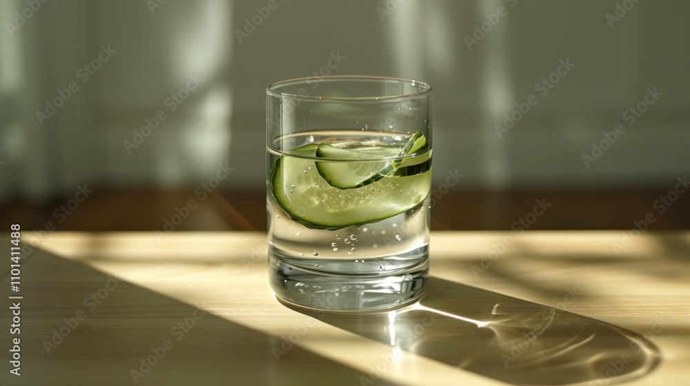 Aufkleber a refreshing glass of water with cucumber slices, illuminated by soft shadows.