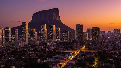 Obraz premium Generative AI, Urban Skyline at Twilight with Towering Cliff Backdrop