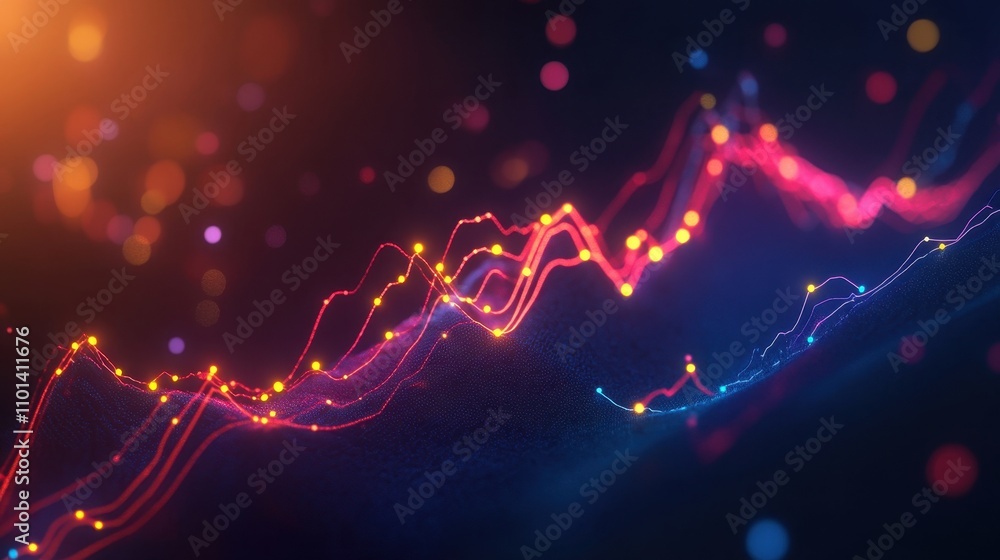 Poster abstract representation of data visualization with colorful waveforms and glowing particles.