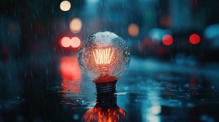 Rainy Night Illumination: A Glowing Bulb in the City