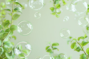 Abstract background with green leaves and soap bubbles