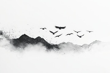 Mountain landscape with soaring birds in flight