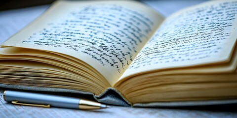 Obraz premium An open book being flipped through, accompanied by an open notebook and a pen with some writing on it