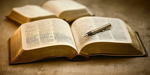 Obraz premium An open book being flipped through, accompanied by an open notebook and a pen with some writing on it