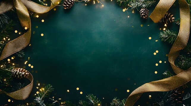 Festive Green Background With Gold Ribbon Pine Cones And Lights