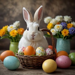 White rabbit in a wicker basket filled with colorful Easter eggs, surrounded by spring flowers. Festive Easter scene and springtime celebration concept.