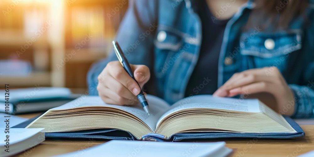Poster an open book being flipped through, accompanied by an open notebook and a pen with some writing on i