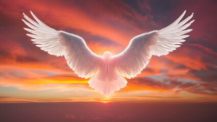 Fototapeta premium angel in the sky, Abstract view of angel wings flying in the sky in front of majestic sunset, religion and salvation