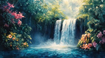 Obraz premium Serene Waterfall Cascading Through Lush Tropical Rainforest